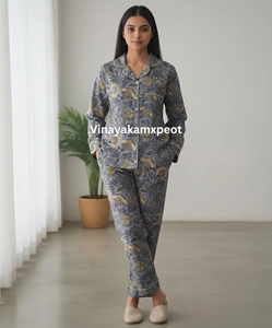 Conjunto de Pijama de Algodón con Estampado Artesanal para Mujer, Elegante, Transpirable, de Secado Rápido, Manga Larga, Ropa de Dormir de Verano, Gris Floral - Product Image 5