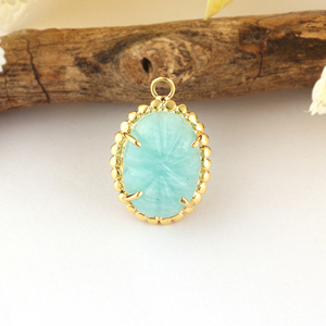 Pendentifs en Amazonite Naturelle, Plaqué Or 18K, Laiton Sculpté à la Main, Pierre Ovale Sertie à Griffes, Connecteur à Simple Bélière pour Fabrication de Bijoux - Product Image 2