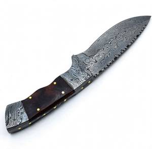 High contrast acid <b>etched</b> damascus steel outdoor heavy prep utility <b>tool</b> with Wood Handle - Product Image 4