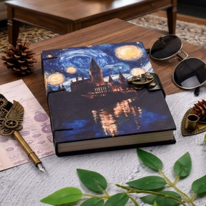 <b>A5</b> Fantasy Castle Handmade Paper Journal | Eco Friendly Hardcover Lock Diary with Night Sky Artwork Design Gift Set for Journals - Product Image 4