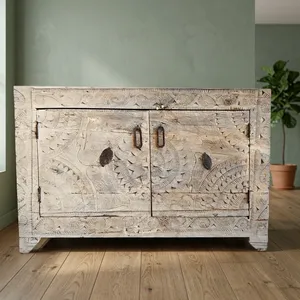 Aparador de Madera Reciclada Vintage con Puertas Dobles Talladas a Mano, Acabado Rústico Desgastado, Mueble de Almacenamiento - Product Image 6