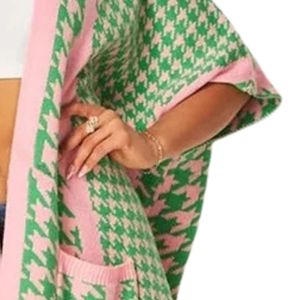Cárdigan rosa y verde con estampado de pata de gallo para mujer, abrigo largo de punto con frente abierto, ropa exterior de moda, informal y elegante, para llevar en capas. - Product Image 5