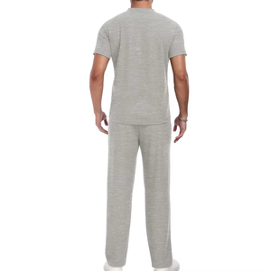 Men's Gray Short Sleeve Button Up Collar T-Shirt With Matching <b>Pants</b> Solid Color Casual Wear Summer Lightweight Cotton Tracksuit - Product Image 5