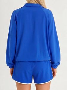 Ensemble sportif vintage 2 pièces pour femme, haut à manches courtes avec fermeture éclair et short, en tissu Oxford respirant et imperméable, vêtements de sport printemps - Product Image 3