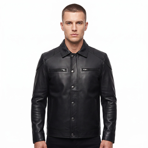 Veste en cuir pour homme, style motard, entièrement boutonnée, manches longues, avec poches poitrine - Product Image 1