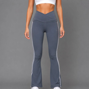 Simple High Waisted Flared <b>Leggings</b> with Side Stripe Solid Color Seamless Elastic Waist Full Length Yoga Pants Polyester - Product Image 2