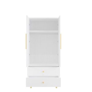 Armadio in Legno Triamine Bianco e Oro con Piedini in Rame, 2 Ante, 2 Cassetti, Asta Appendiabiti, in Pannello a Densità Incollata - Product Image 1