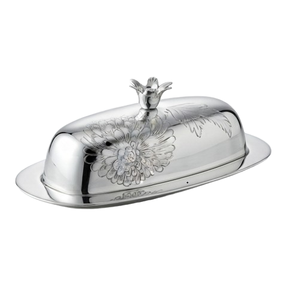 Mantequillera ovalada plateada con diseño floral grabado y tapa con pomo de pájaro, hermética, estilo clásico para mesa de cocina - Product Image 4