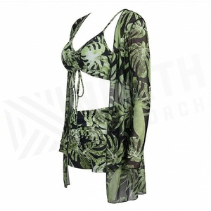 Ensemble de maillot de bain 2 pièces pour femme, imprimé feuilles tropicales, avec haut dos nu et short de plage - Product Image 3
