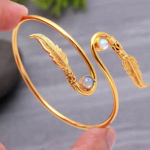 Double Feather <b>Moonstone</b> Cuff Bangle-Platinum Rhodium Plated Adjustable Wrap <b>Bracelet</b>-Bohemian Leaf Design Jewelry Gift - Product Image 2