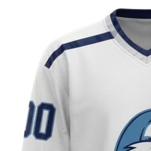 Men White Navy Blue Sublimated Ice Hockey Printable Polyester V Neck Jersey Long Sleeve <b>Athletic</b> Sports Uniform Apparel - Product Image 4