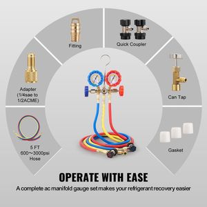 Juego de manómetros de 3 vías para aire acondicionado automotriz con mangueras de 5 pies, acopladores y grifos para latas de refrigerante R134A, R22, R12, R502 - Product Image 6