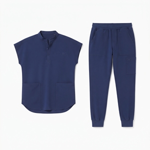 Hawk Eye Unisex Scrub Set <b>Navy</b> <b>Blue</b> Knitted Cotton Polyester Hospital Uniform Pants and Top with Pockets - Product Image 1