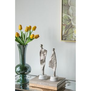 Scultura Astratta in Alluminio a Forma di Figura Umana, Argento/Bianco, 3.5x3x12 Pollici, con Base in Marmo - Product Image 5