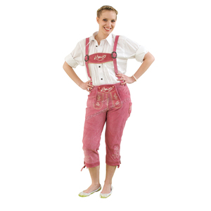 Shorts en cuir suédé rose bavarois pour femmes, sous le genou, avec bretelles, taille haute, motif floral brodé, style vintage - Product Image 1