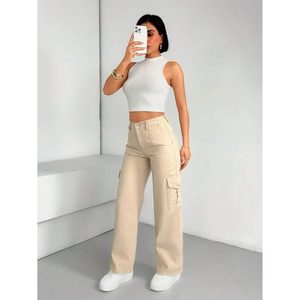 Jean cargo vintage rétro beige multipoches pour femme, 100 % coton, écologique, respirant, pantalon tendance, taille 26-40 - Product Image 2
