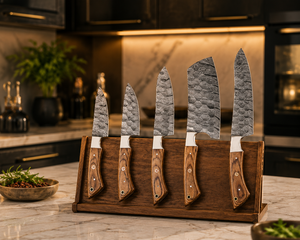 Ensemble de couteaux de chef en acier Damas sur mesure, 5 pièces, couteaux de cuisine professionnels avec manches en bois d'olivier, usine OEM ODM - Product Image 6
