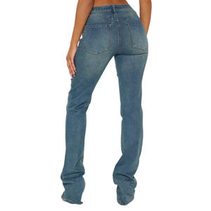 Women's Vintage Blue Denim Jeans Mid Waist Regular Fit Bootcut Casual Breathable Autumn Fashion Pants Five Pocket Design High - Product Image 2