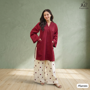 Maroon <b>Kurti</b> With Heart Printed Palazzo Pants Loose Fit Ankle-Length Casual <b>Indian</b> Pakistani Wear All Seasons - Product Image 5