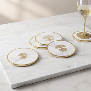 Peace White Marble Coasters Set of 4 Real Natural Stone Luxury Modern Aesthetic Eco-Friendly Semi Absorbent 100mm Diameter - Product Image 5