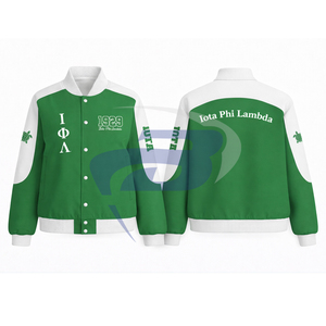 Chaqueta de sarga de algodón estilo carreras Iota Phi Lambda IPL Sorority, ropa griega, chaqueta de carreras con cuello alto y bloques de color para hermandades. - Product Image 1