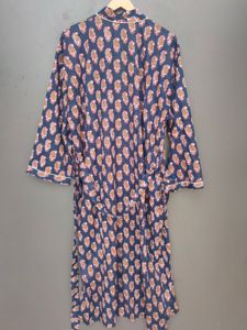 <b>Navy</b> Blue Floral Cotton Kimono Robe with Belt | Women’s Lounge Robe | Handmade Bathrobe - Product Image 4