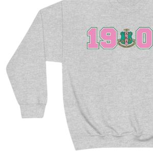 Heather Gray Crewneck Sweatshirt with Pink and <b>Green</b> 1908 Graphic Print Long Sleeve Cotton Fleece Casual Women's Pullover - Product Image 2
