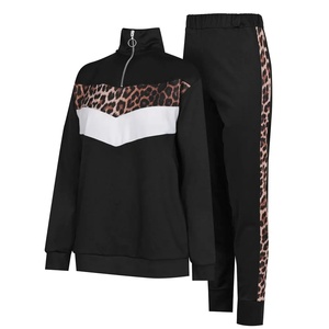 Ensemble de survêtement pour femme imprimé léopard, sweat-shirt à col zippé, manches longues, poches latérales, panneaux noir et blanc, tenue décontractée pour l'automne - Product Image 1