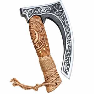 Hache Viking artisanale en acier à haute teneur en carbone avec lame gravée et manche en bois sculpté |   Hache décorative fonctionnelle à tête barbue de 12 pouces - Product Image 1