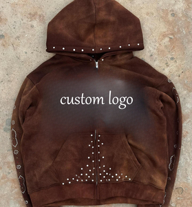 Men's <b>Brown</b> Hooded Fleece Zipper Sweatshirt Rhinestone Decor Casual Winter Wear Regular Fit Solid Color Digital 100% Cotton - Product Image 5