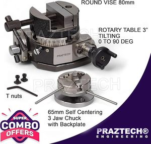 3" (80mm) Tilting Rotary Table with 65mm 3-Jaw Self Centering Chuck | 4 Slot Precision Indexing Table | 36:1 <b>Worm</b> Gear Milling A - Product Image 3