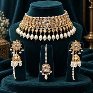 Venta al por Mayor de Conjuntos de Joyería Nupcial Chapados en Oro con Perlas, Collar de Gargantilla, Pendientes Jhumka y Tikka, Fabricante al por Mayor - Product Image 2
