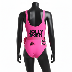 Traje de baño de una pieza para mujer, tela elástica de poliéster y spandex, color rosa sólido con panel estampado, logotipo personalizado, traje de baño para mujer - Product Image 2
