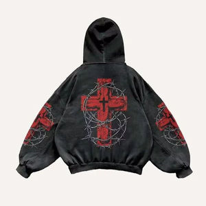 Y2K Gothic Streetwear Hoodie Oversized Acid Wash <b>Black</b> Pullover 3D Embroidery Custom MOQ 100% Cotton Fleece Men <b>Hoodies</b> - Product Image 4