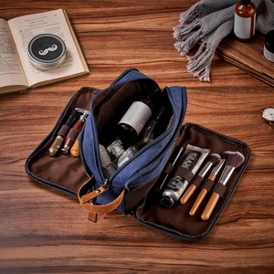 Custom Logo Double Zipper Canvas Leather Toiletry Bag Vintage Travel Wash Pouch Wholesale Shaving Dopp Kit <b>Case</b> LCTB-0019 - Product Image 3
