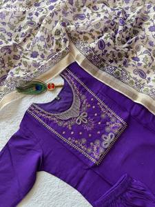 Good Quality Roman Silk with <b>Beads</b> Embroidery <b>Thread</b>-Moti work Violet Kurti-Pant-Dupatta Set Woman Fashion Manufacturer - Product Image 3