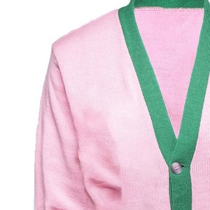 Pink Green Contrast Knitted <b>Cardigan</b> <b>Women</b> V Neck Long Sleeve Casual Solid Color Button Front <b>Sweater</b> Full Sleeve Regular Fit - Product Image 3