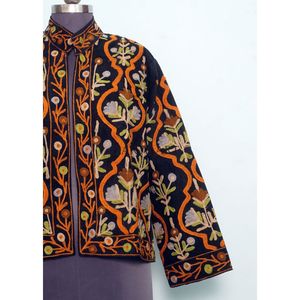 Amazing Look Cotrise Embroidery Floral Quilted Autumn Winter <b>Jacket</b> Women's Regular Length <b>Mandarin</b> <b>Collar</b> Full Sleeve Button - Product Image 2