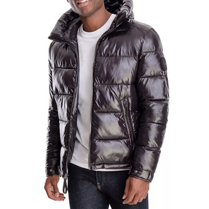 <b>Men's</b> Black Hooded Puffer <b>Jacket</b> Sherpa Floral Zipper Closure Windproof Casual Winter Regular Fit Polyester Shell Thick Padding - Product Image 2