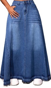 High Waisted A-Line Denim Maxi Skirt Women Solid Button Front Washed Casual Style Spring Loose Fit - Product Image 6