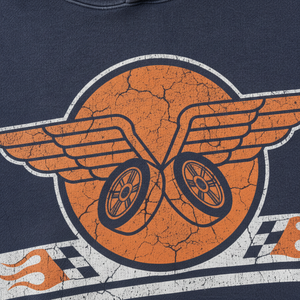 Men's Navy Blue Hooded Sweatshirt With Orange Wings Logo And Striped Sleeves Casual Cotton Pullover Front Print Design - Product Image 6