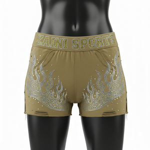 Shorts de Mujer de Alta Calidad, 260 GSM, Algodón y Spandex Elástico, Color Caqui, Panel con Llama, Logotipo con Pedrería Hotfix - Product Image 1
