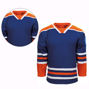 Maillot de hockey sur glace personnalisé pour homme, col en V, manches longues, sublimé, 100 % polyester, anti-humidité, rayures bleues, oranges et blanches - Product Image 2