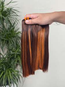 Extensiones de Cabello Humano Virgen con Clip, Color Marrón Oscuro con Reflejos Naranja, Cabello Remy Vietnamita Liso, Doble Trama, Hecho a Máquina - Product Image 1