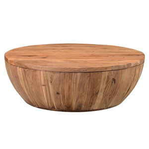 Table basse de salon en bois d'acacia massif fait main, de forme ronde, avec espace de rangement, finition naturelle moderne, approuvée pour l'hôtellerie - Product Image 2