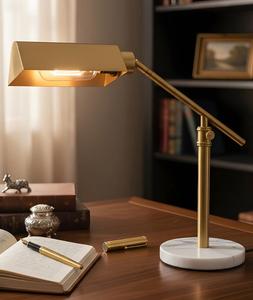 Modern Brass Adjustable Desk Lamp with Marble Base Rectangular Shade Warm White <b>Light</b> for Reading Room Decor - Product Image 1