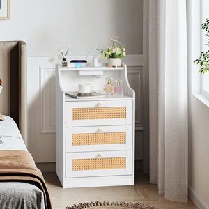 FCH White Particleboard <b>Bedside</b> <b>Table</b> with Tapered Gold Handle Triamine Matt 45*35*73cm <b>Rattan</b> Three Drawers Nightstands - Product Image 1