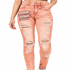 Jean en denim stretch délavé et déchiré pour femme, coupe slim, avec détails déchirés aux genoux, effet délavé, toucher extensible et flexible - Product Image 1