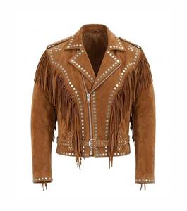 Men's Leather Motorcycle <b>Jacket</b> with <b>Fringes</b> and Rivets Turn-down Collar Zipper Closure Regular Length Winter High Street Style - Product Image 2