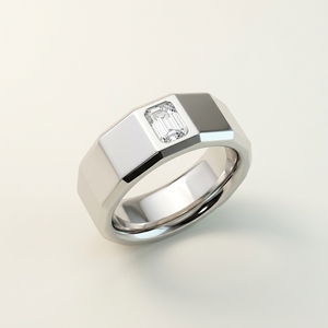 Anillo de Diamantes de Oro Blanco de 14K Hecho a Mano de Lujo, Corte Esmeralda, Solitario, Geométrico, con Banda de Sello, Diamante Cultivado en Laboratorio RaaMaa - Product Image 3